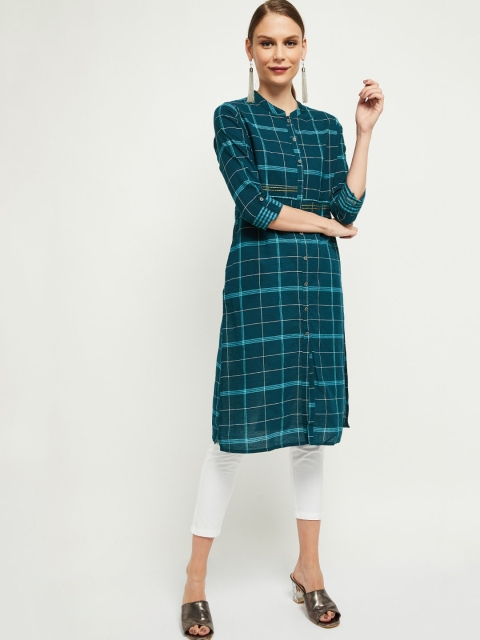 

max Women Blue Checked Kurta