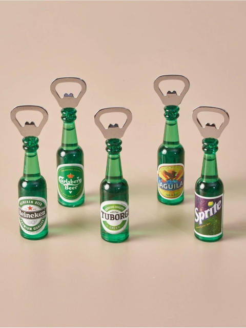 

THEDECORKART Set Of 5 Green & Silver-Toned Bottle-Shaped Fridge Magnets Cum Openers