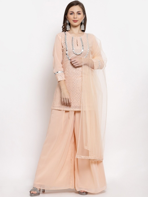 

KHALOM Women Peach-Coloured Embroidered Regular Sequinned Kurti with Sharara & With Dupatta