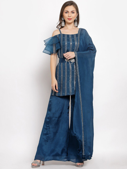 

KHALOM Women Teal Blue Floral Regular Sequinned Kurti With Sharara & With Dupatta