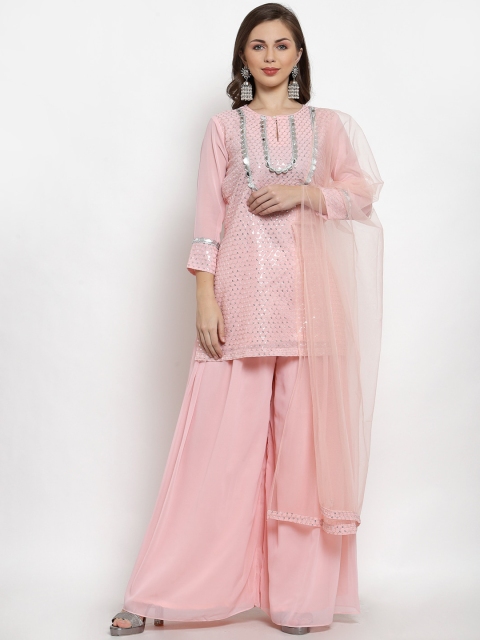 

KHALOM Women Pink Embroidered Regular Sequinned Kurti with Sharara & With Dupatta