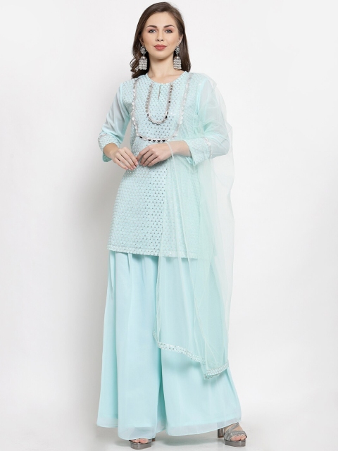 

KHALOM Women Blue Embroidered Regular Kurti with Sharara & With Dupatta