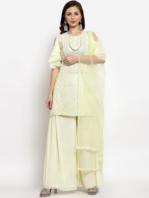 

KHALOM Women Yellow Floral Embroidered Regular Sequinned Kurti with Sharara & With Dupatta