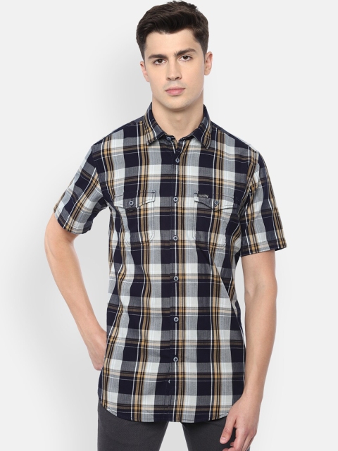 

VAN HEUSEN DENIM LABS Men Navy Blue Slim Fit Opaque Checked Casual Shirt