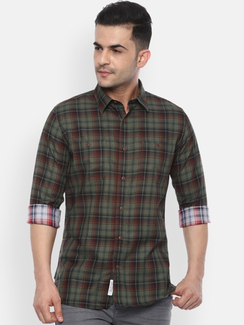

VAN HEUSEN DENIM LABS Men Olive Green Slim Fit Opaque Checked Casual Shirt