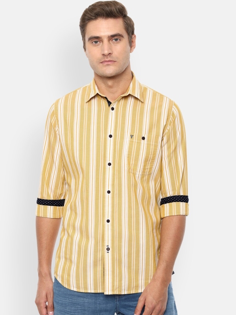 

VAN HEUSEN DENIM LABS Men Yellow Slim Fit Opaque Striped Casual Shirt