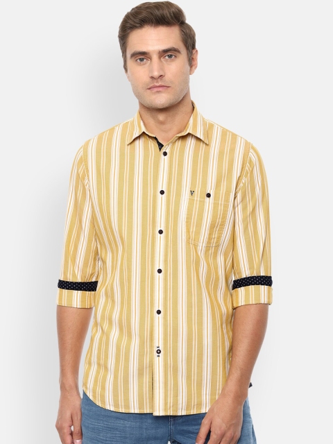 

VAN HEUSEN DENIM LABS Men Yellow Slim Fit Opaque Striped Casual Shirt