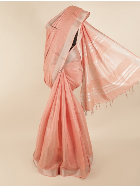 

Pothys Peach-Coloured & Black Embroidered Zari Linen Blend Saree