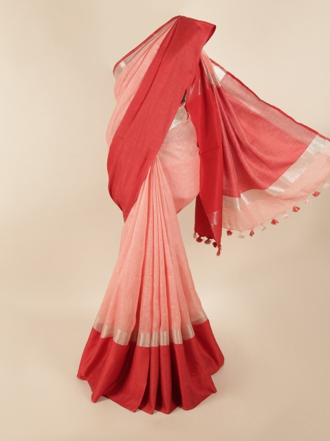 

Pothys Peach-Coloured & Red Linen Blend Saree
