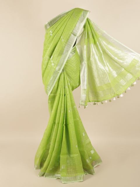 

Pothys Green & Silver-Toned Checked Zari Linen Blend Saree
