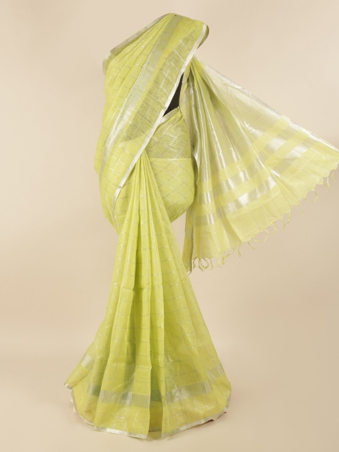 

Pothys Green & Silver-Toned Checked Zari Linen Blend Saree