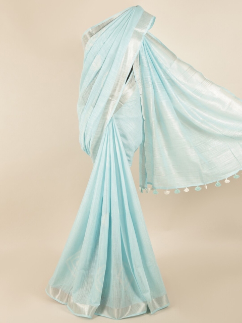 

Pothys Blue & Silver-Toned Zari Linen Blend Saree