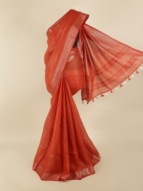 

Pothys Red & Gold-Toned Zari Linen Blend Saree