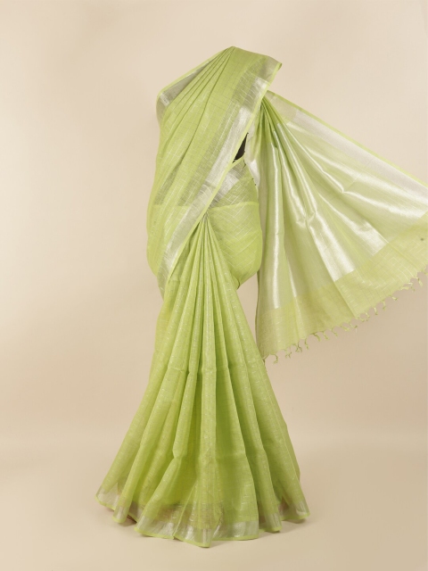 

Pothys Green & Silver-Toned Checked Zari Linen Blend Saree