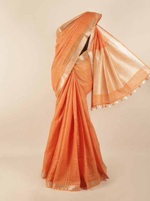 

Pothys Orange & Silver-Toned Checked Zari Linen Blend Saree