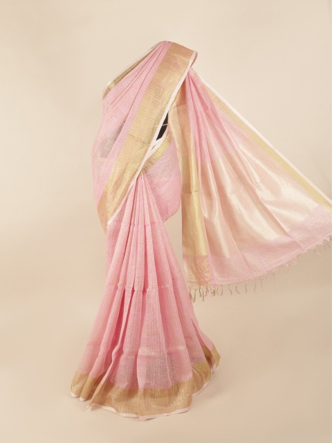 

Pothys Pink & Gold-Toned Checked Zari Linen Blend Saree