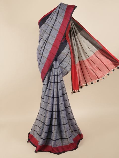 

Pothys Grey & Pink Checked Linen Blend Saree