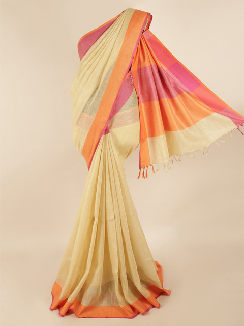 

Pothys Cream-Coloured & Orange Linen Blend Saree