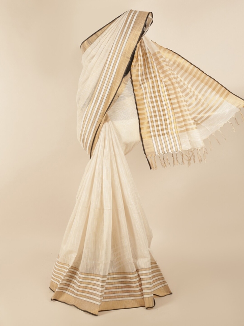 

Pothys Cream-Coloured & White Woven Design Linen Blend Saree