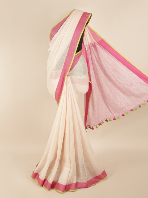 

Pothys Cream-Coloured & Pink Linen Blend Saree