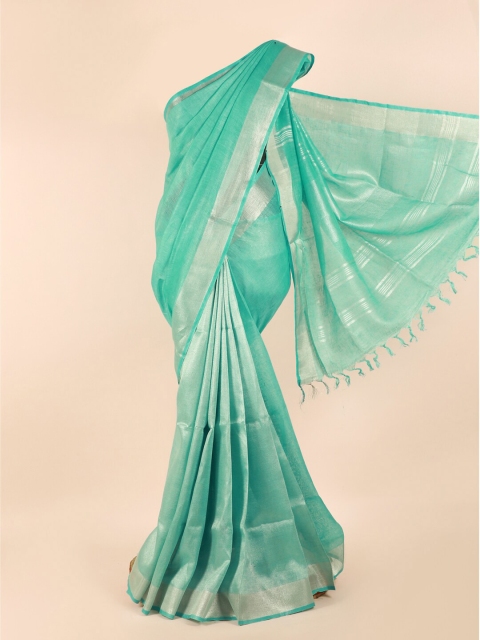 

Pothys Green & Silver-Toned Zari Linen Blend Saree
