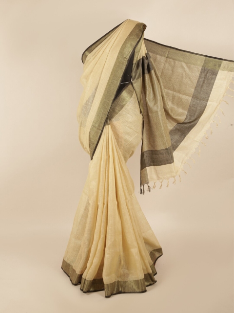 

Pothys Cream-Coloured & Grey Zari Linen Blend Saree