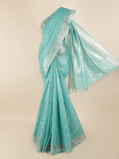 

Pothys Turquoise Blue & Silver-Toned Checked Zari Linen Blend Saree