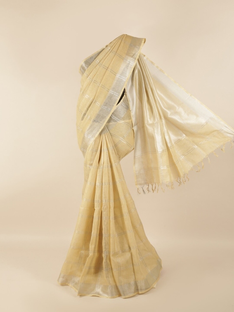 

Pothys Cream-Coloured & Silver-Toned Checked Zari Linen Blend Saree