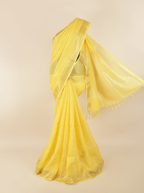 

Pothys Yellow & Gold-Toned Checked Zari Linen Blend Saree