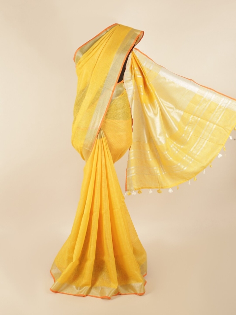 

Pothys Yellow & Orange Zari Linen Blend Saree