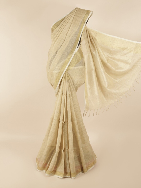 

Pothys Cream-Coloured & Gold-Toned Checked Zari Linen Blend Saree