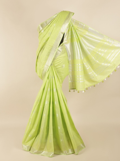

Pothys Green & Silver-Toned Woven Design Zari Linen Blend Saree