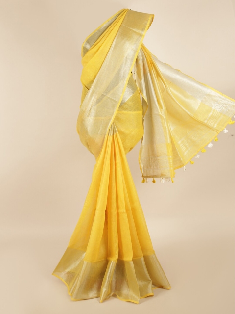 

Pothys Yellow & Silver-Toned Zari Linen Blend Saree
