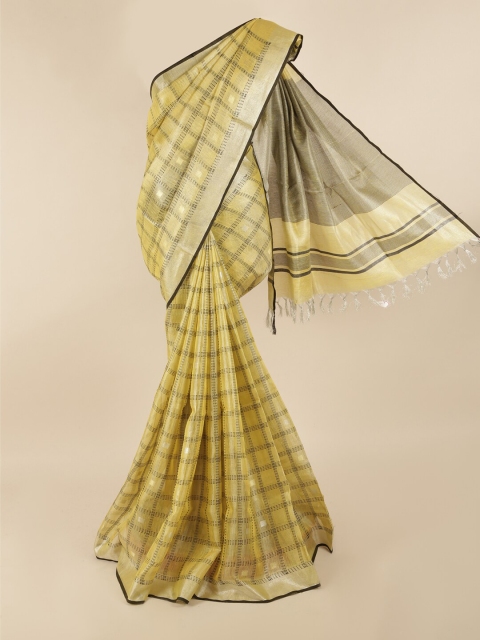

Pothys Yellow & Black Checked Zari Linen Blend Saree