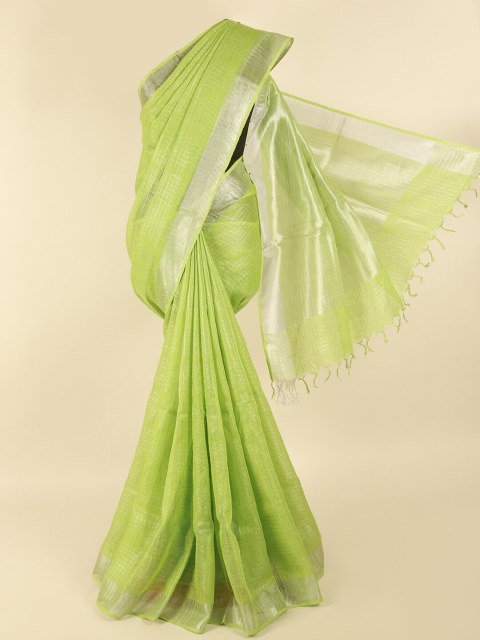 

Pothys Green & Silver-Toned Checked Zari Linen Blend Saree