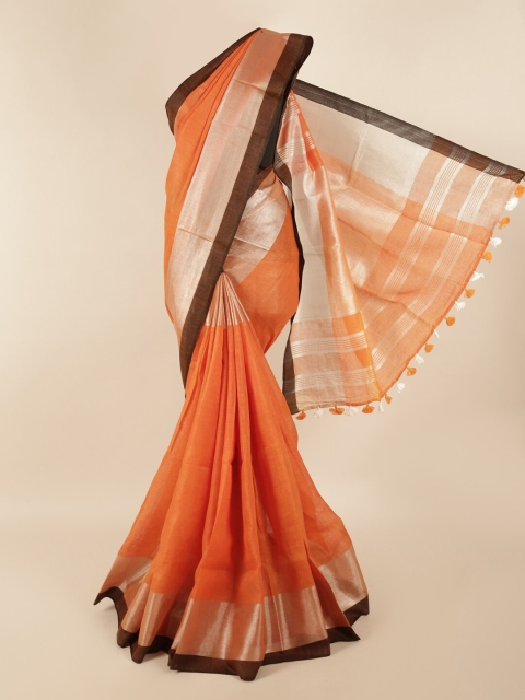 

Pothys Orange & Silver-Coloured Zari Linen Blend Saree