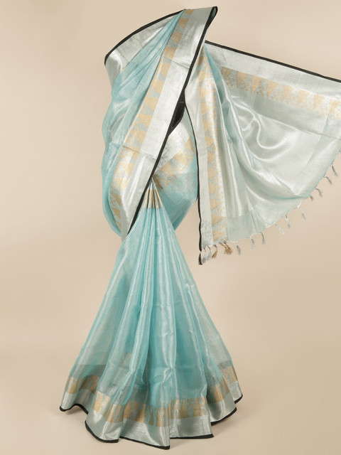 

Pothys Blue & Gold-Coloured Ethnic Motifs Woven Design Zari Linen Blend Saree