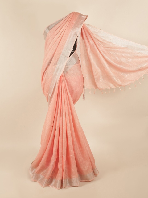 

Pothys Peach-Coloured & Silver-Coloured Linen Blend Saree