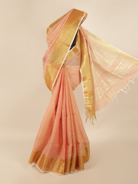 

Pothys Peach-Coloured & Gold-Coloured Zari Linen Blend Saree