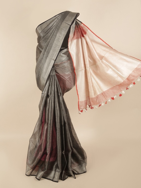 

Pothys Grey & Red Zari Linen Blend Saree