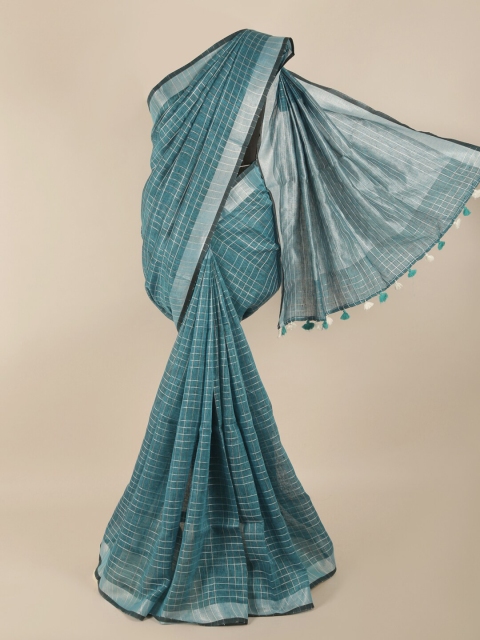 

Pothys Green & Silver-Coloured Checked Zari Linen Blend Saree