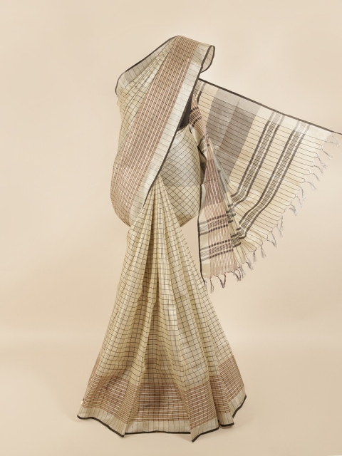 

Pothys Cream-Coloured & Brown Checked Linen Blend Saree