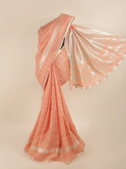 

Pothys Peach-Coloured & Silver-Coloured Checked Zari Linen Blend Saree