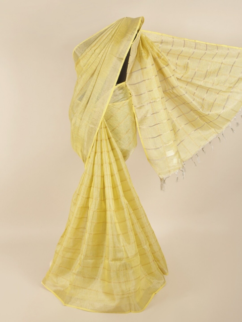 

Pothys Yellow & Gold-Coloured Striped Zari Linen Blend Saree