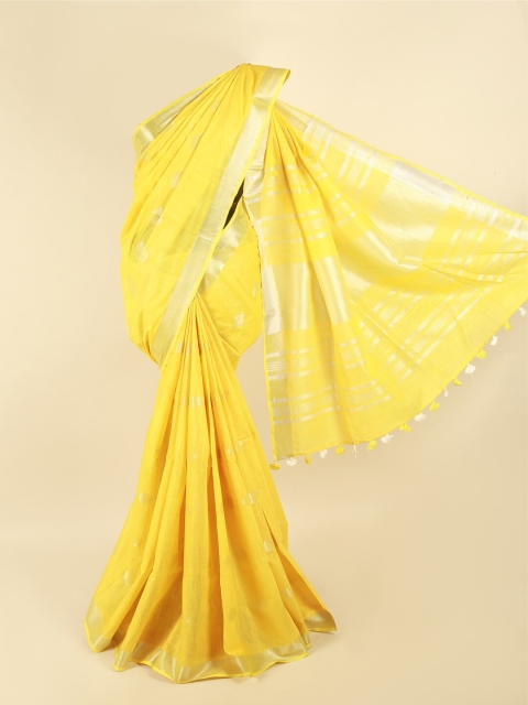 

Pothys Yellow & Silver-Coloured Ethnic Motifs Zari Linen Blend Saree
