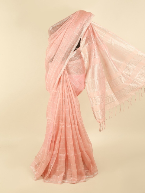 

Pothys Pink & Silver-Coloured Checked Zari Linen Blend Saree