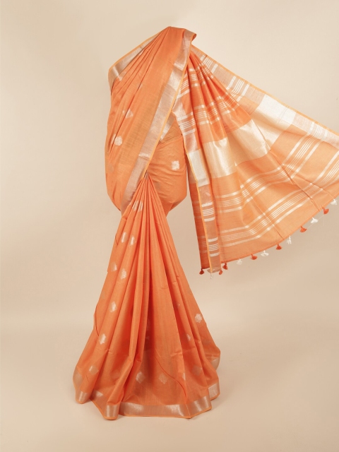 

Pothys Orange & Silver-Coloured Ethnic Motifs Zari Linen Blend Saree