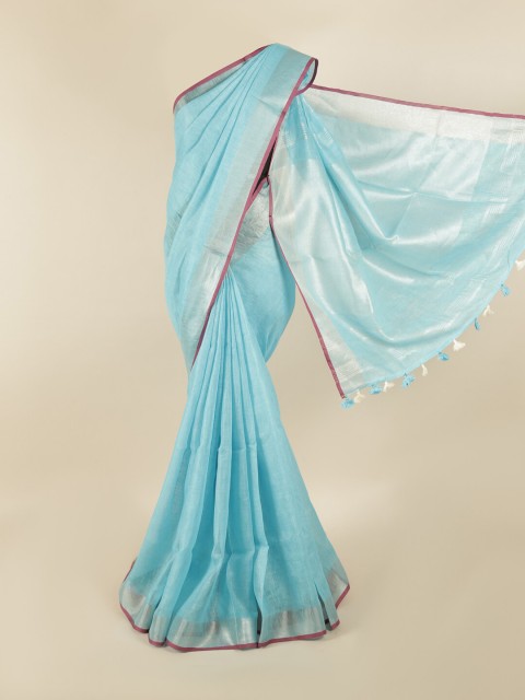 

Pothys Blue & Silver-Coloured Zari Linen Blend Saree