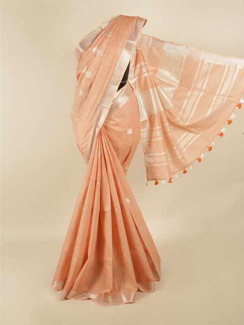 

Pothys Peach-Coloured & Silver-Coloured Ethnic Motifs Zari Linen Blend Saree
