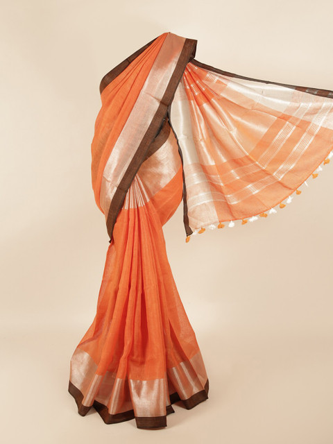 

Pothys Orange & Silver-Coloured Zari Linen Blend Saree